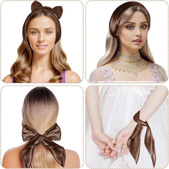 Women Coffee Chiffon Square Ribbon Neck Scarf Satin Handkerchief For Halloween - Picture 4 of 7